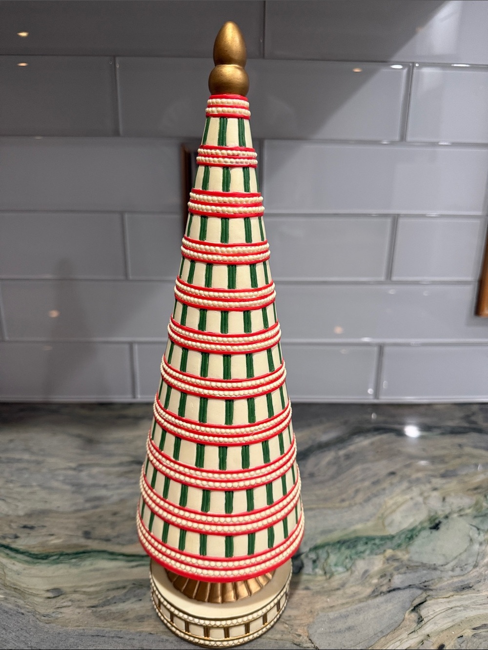 Lenox Cream Cone Tree with Green Stripes and Red Trim